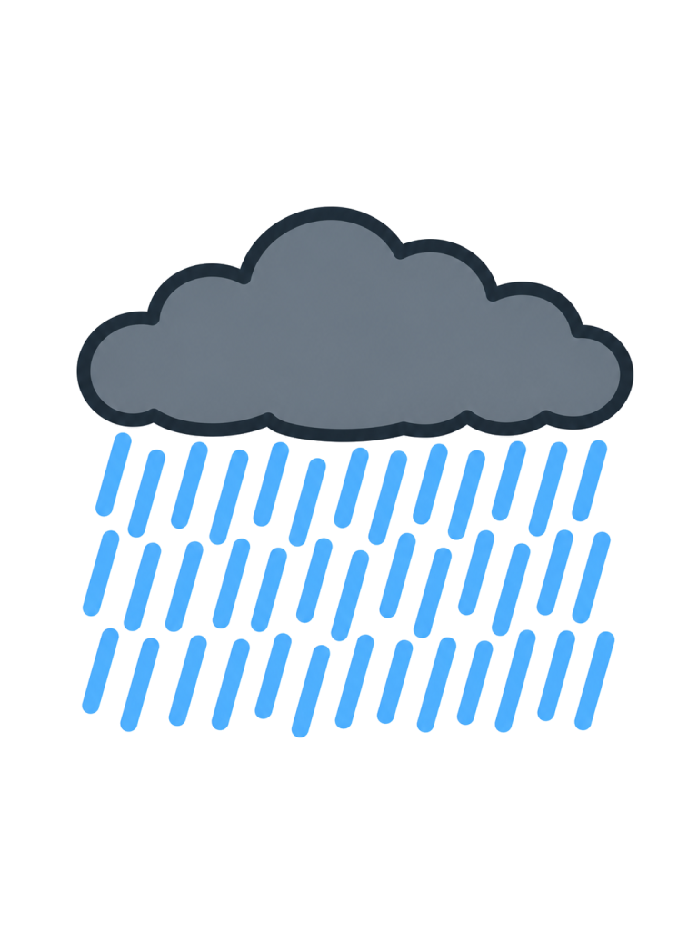 横に広がる濃い雲の下から、長い青い雨の線が密に降っている。