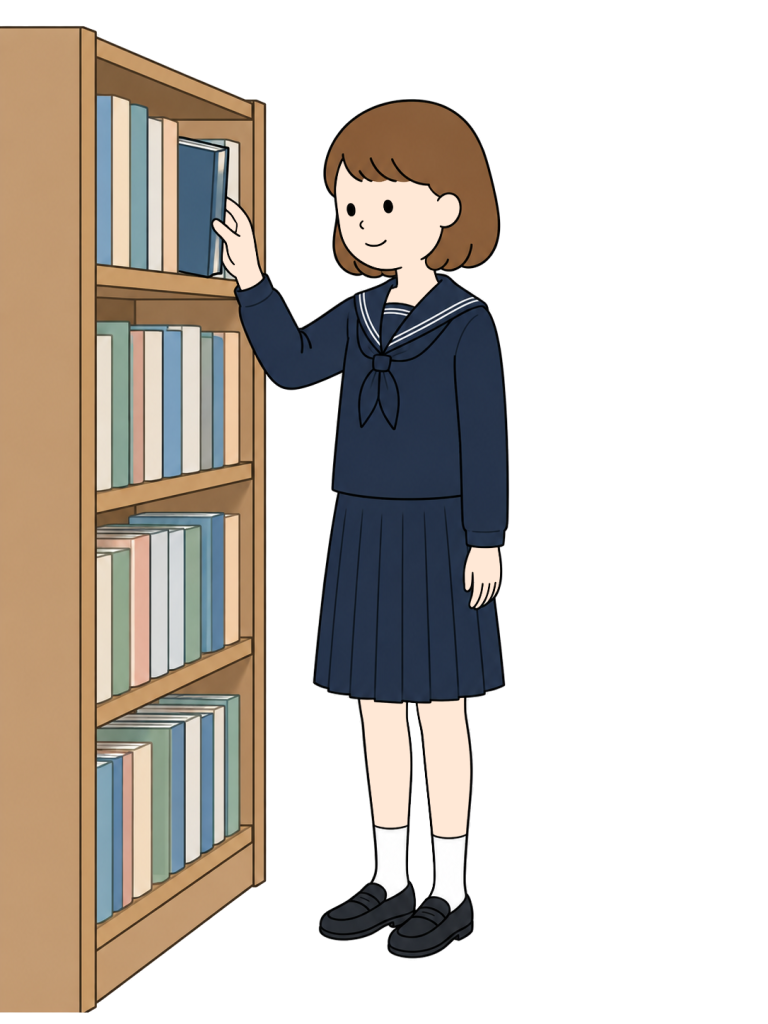 Junior high school girl looking for library book