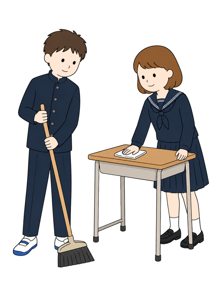 Junior high school students cleaning classroom