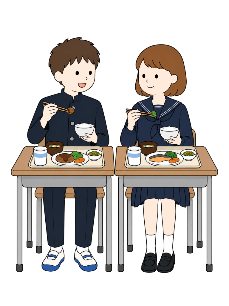 Junior high school students eating school lunch