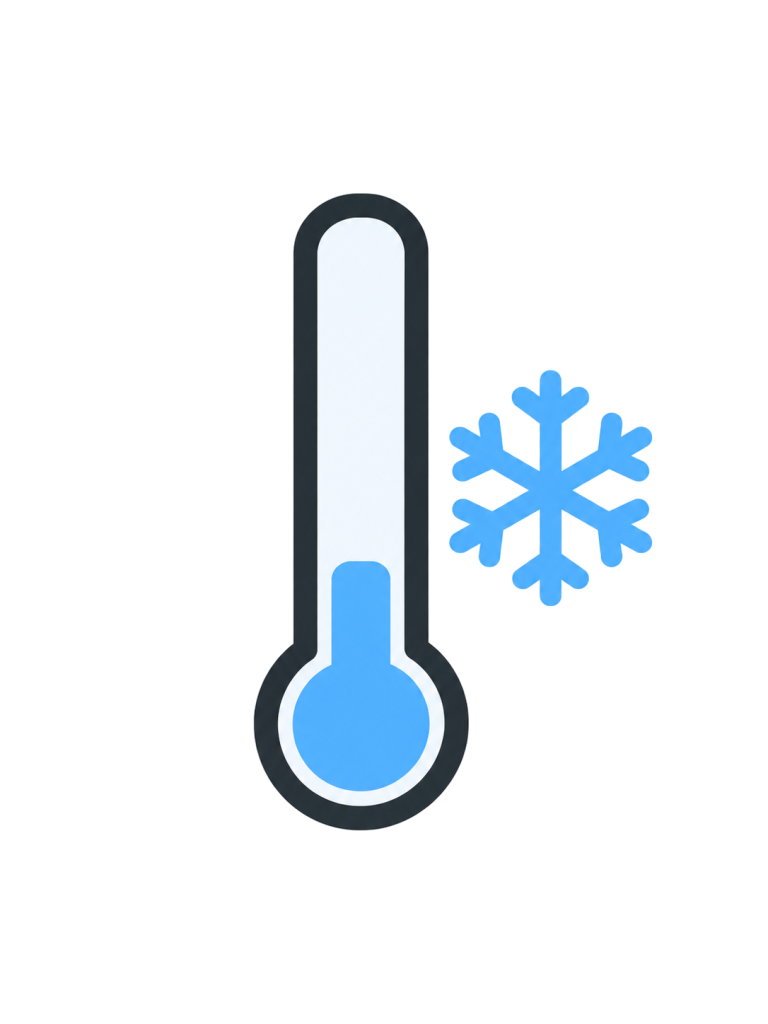 青い温度計の柱が低く、横に青い雪片がある。数字や単位はない。