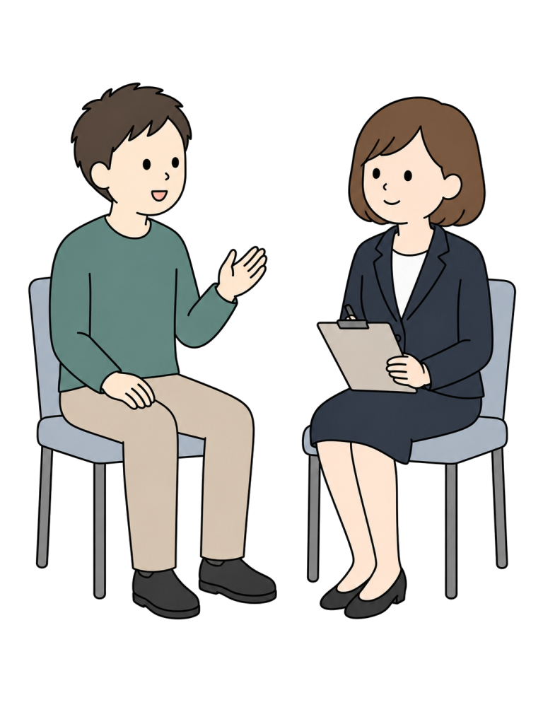 男性が心の健康について相談するYURUNDOイラスト