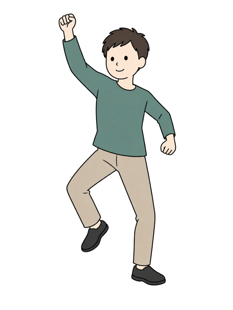 男性が片腕と片膝を上げて一人で踊っている。