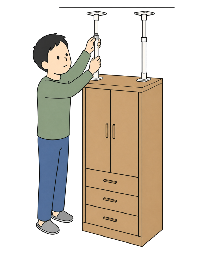Man securing furniture with tension poles
