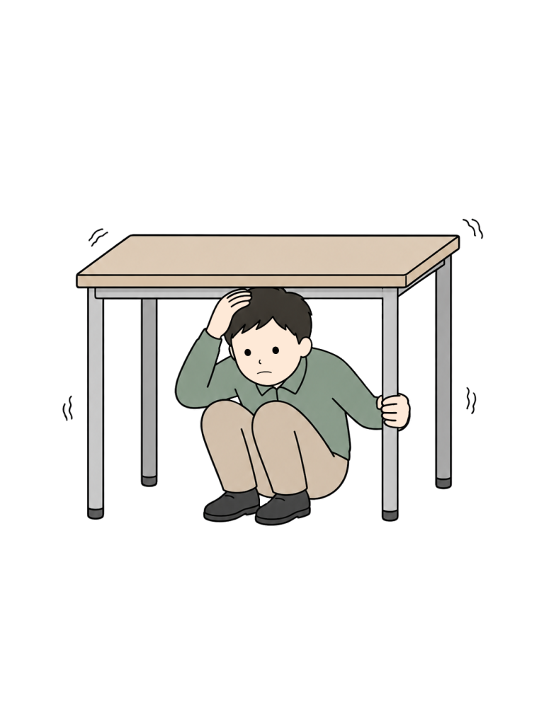 Man taking cover under desk during earthquake