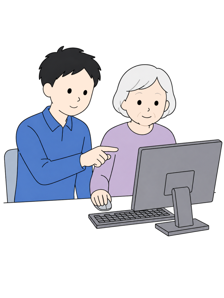 Man teaching a senior computer use