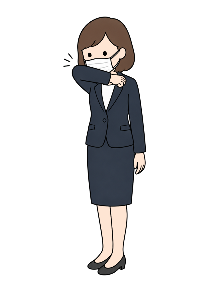 Masked woman coughing into her elbow