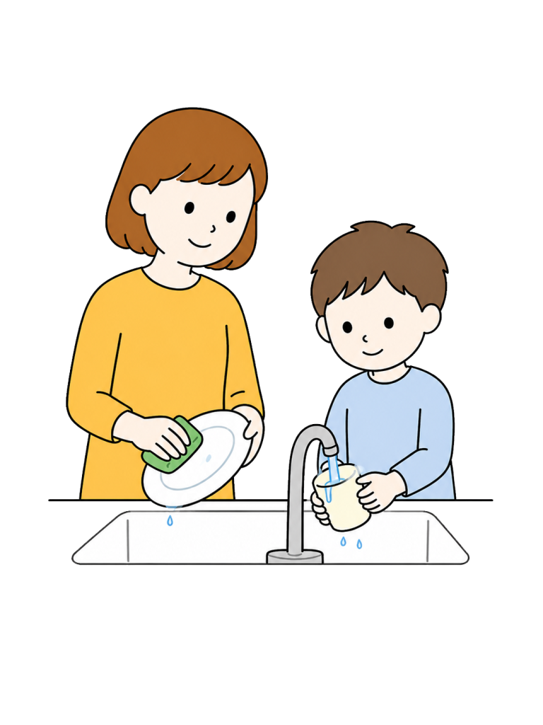 Mother and child washing dishes together