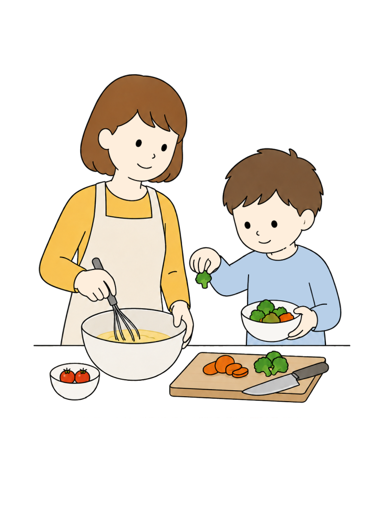 Mother and son cooking together