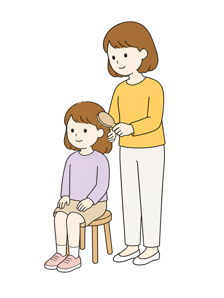 Mother brushing childs hair