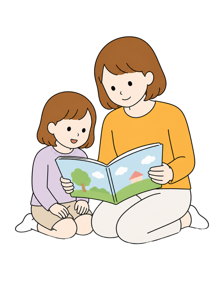 Mother reading picture book to child