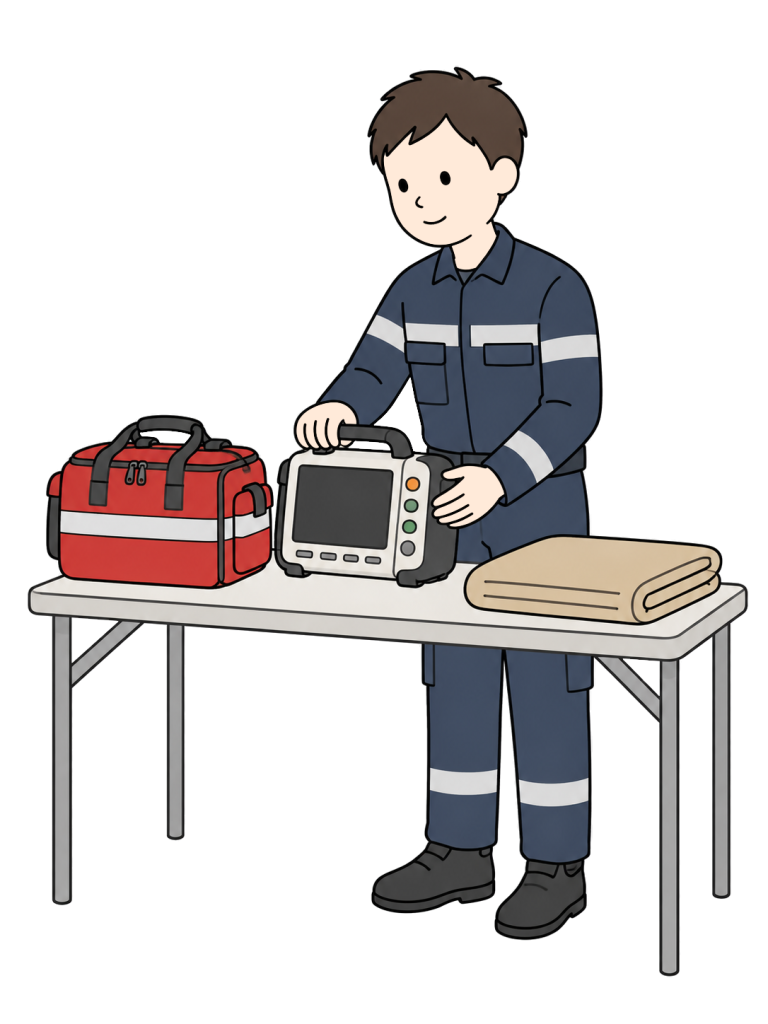 Paramedic checking emergency medical equipment
