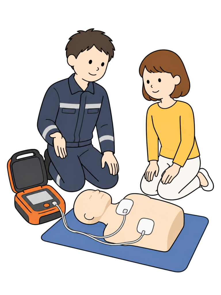 Paramedic teaching how to use an aed