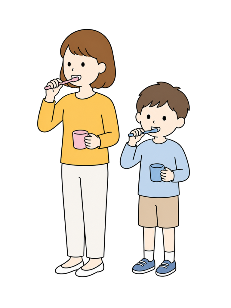 Parent and child brushing teeth together