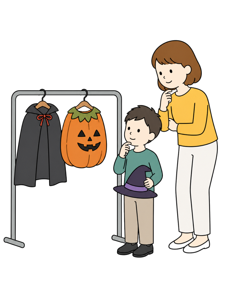 Parent and child choosing halloween costumes