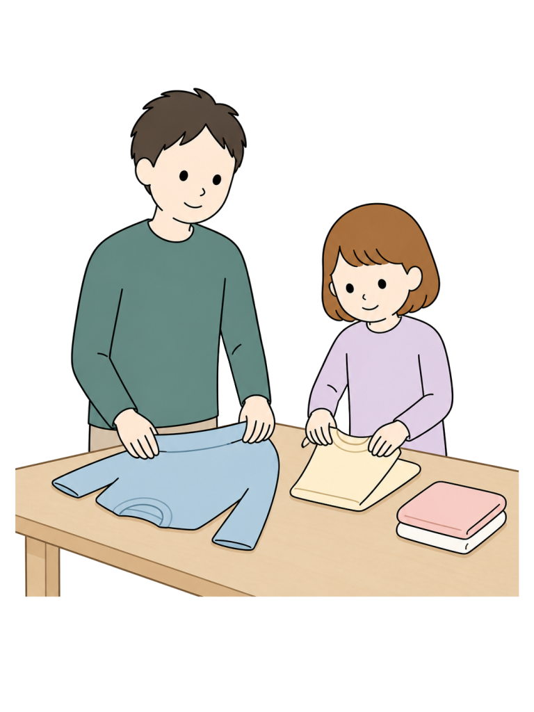 Parent and child folding laundry together