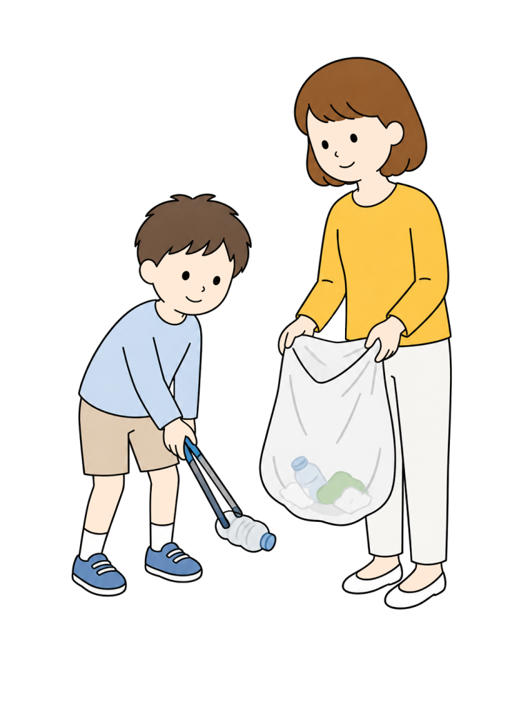 Parent and child joining a neighborhood cleanup