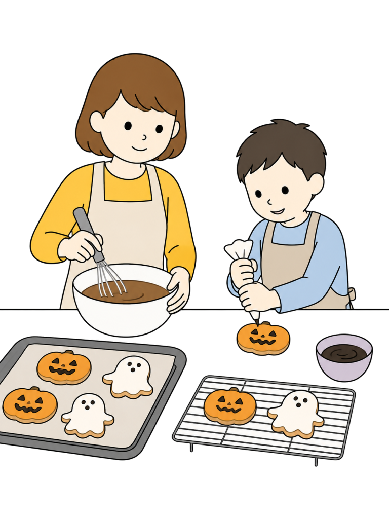 Parent and child making halloween treats