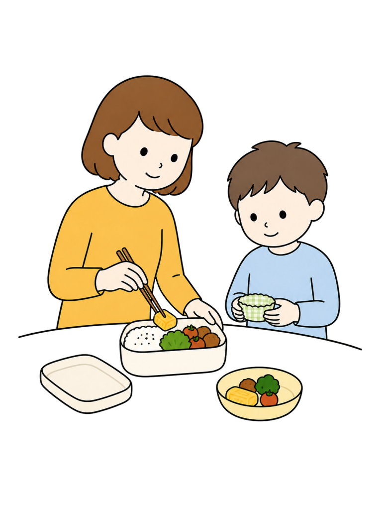 Parent and child preparing lunchbox together