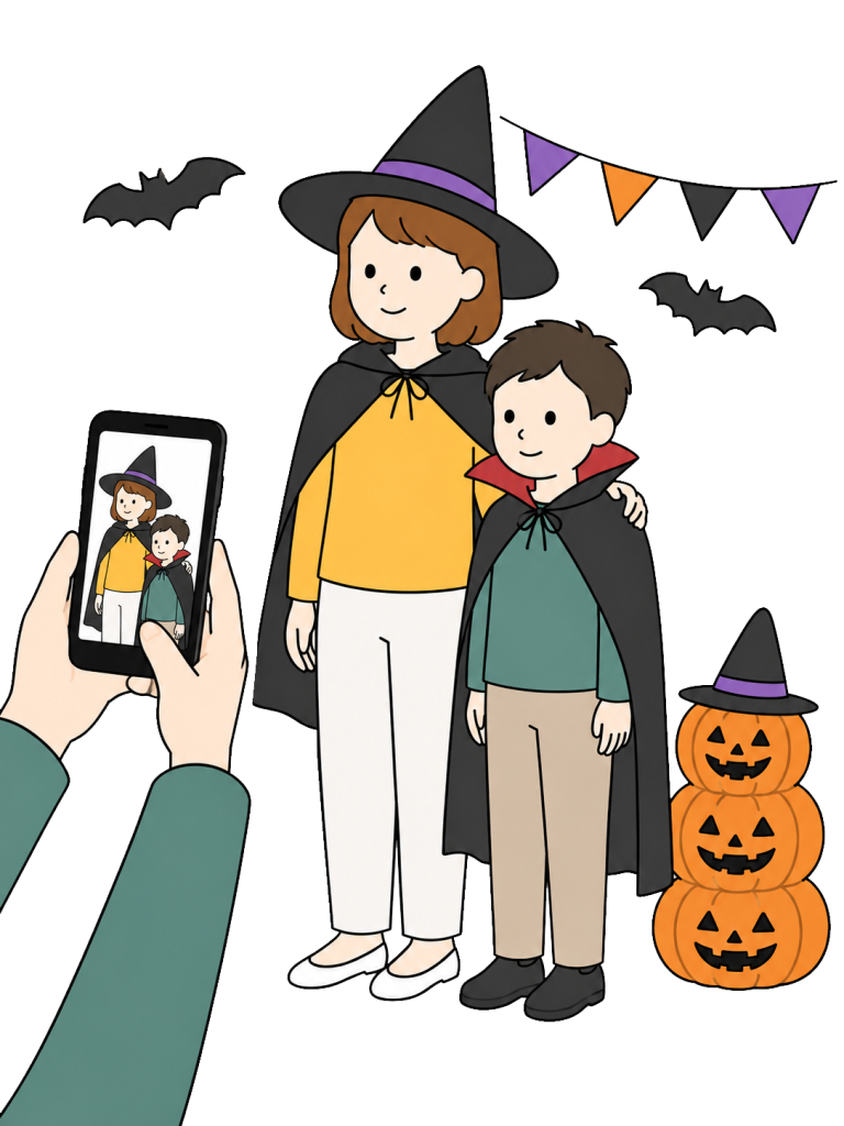 Parent and child taking a halloween photo