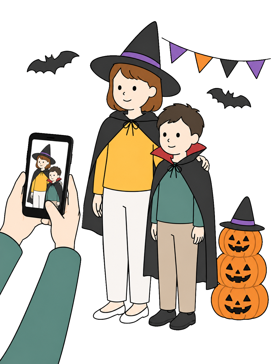 YURUNDO illustration: Parent and Child Taking a Halloween Photo