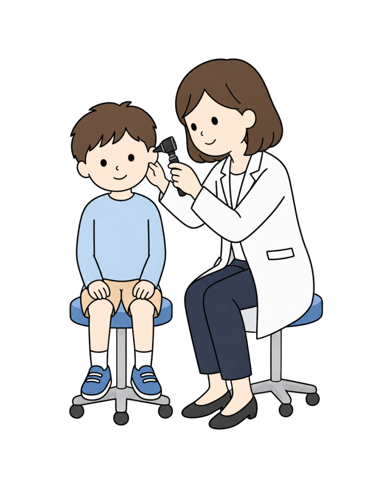 Pediatrician examining a child with an otoscope