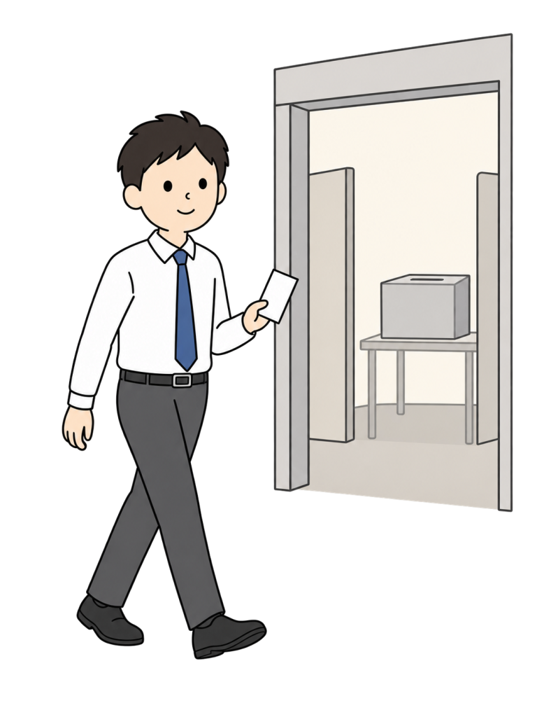白い紙を持つ男性が投票箱のある部屋へ歩いて向かっている。