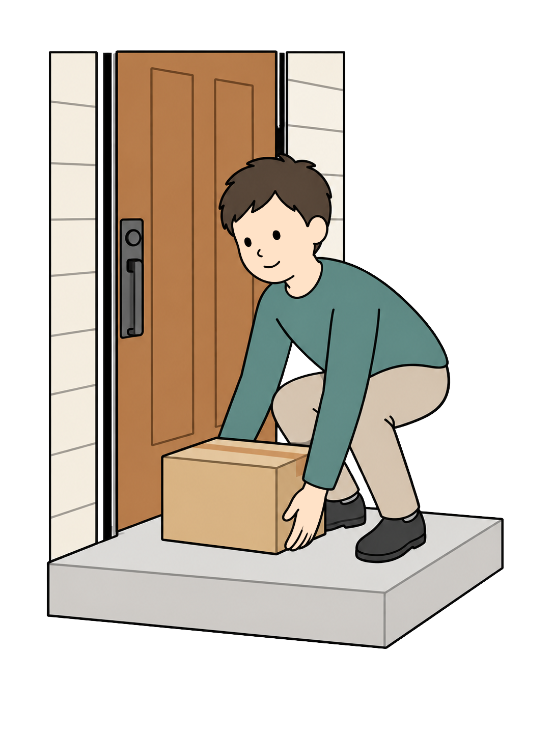 玄関前に届いた宅配荷物を受け取る人YURUNDOイラスト