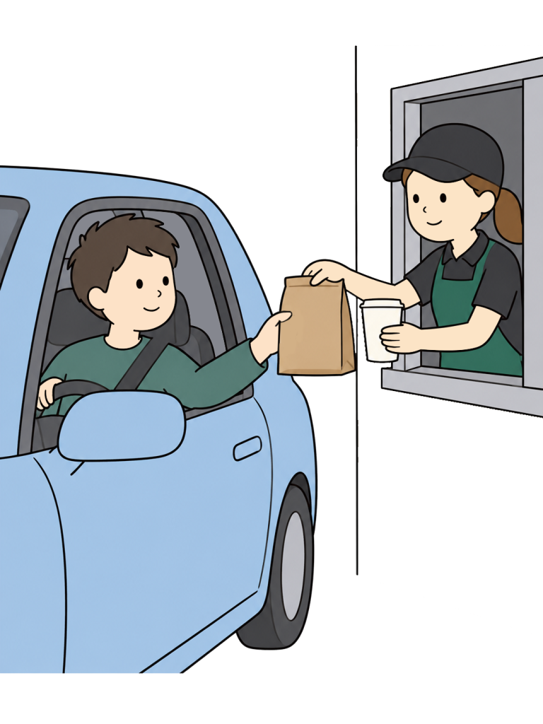 Person picking up an order at a drive through