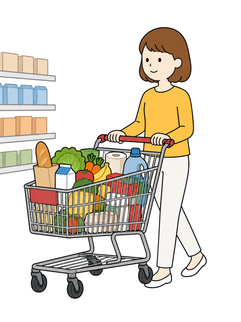 Person shopping with a full cart at a large supermarket