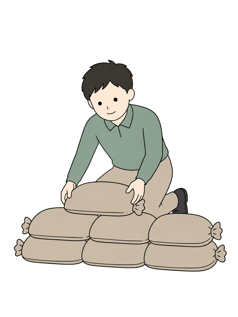 Person stacking sandbags for flood preparation