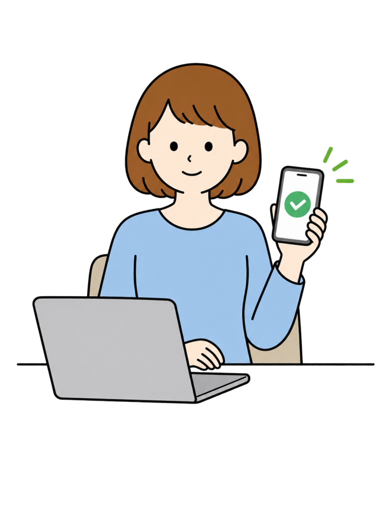 女性がノートPCを操作しながらスマートフォンで追加の本人確認をしている。