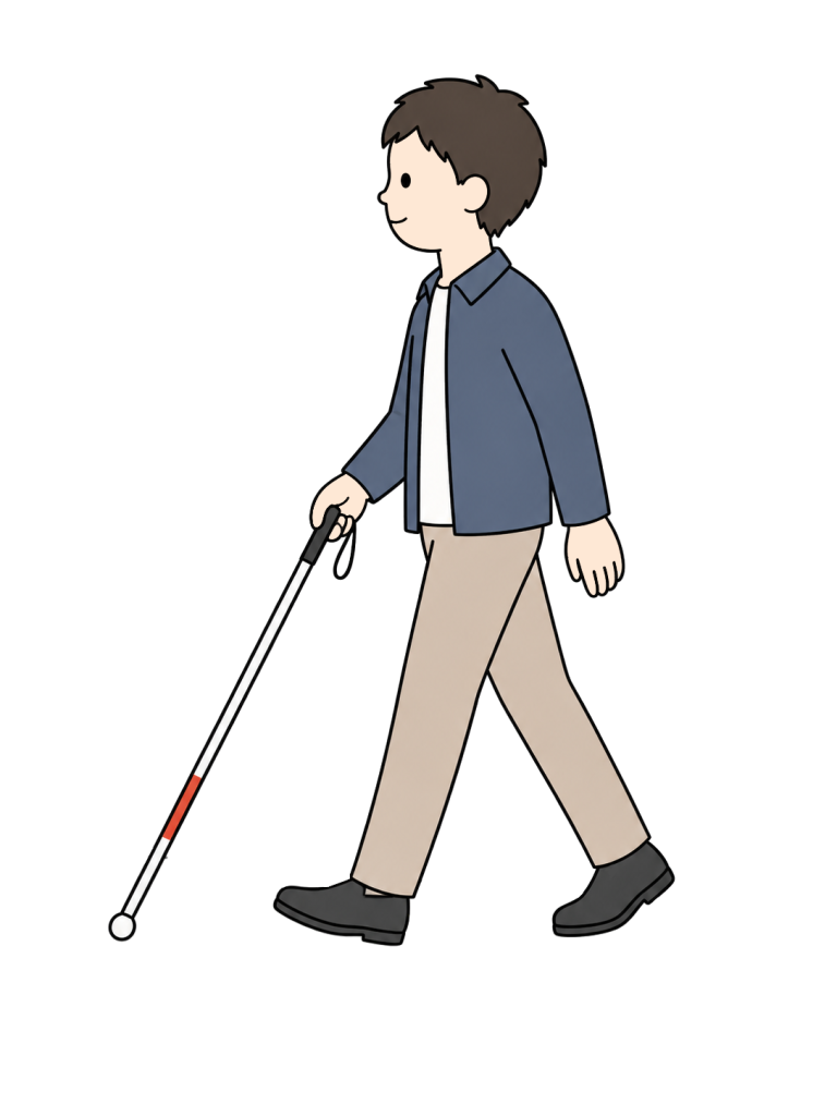Person walking along a sidewalk with a white cane