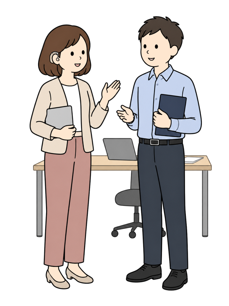 Person with a hearing aid talking with a colleague