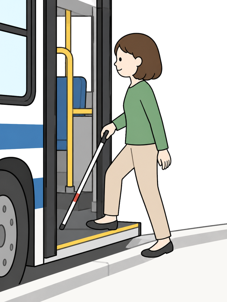 Person with a white cane boarding public transit