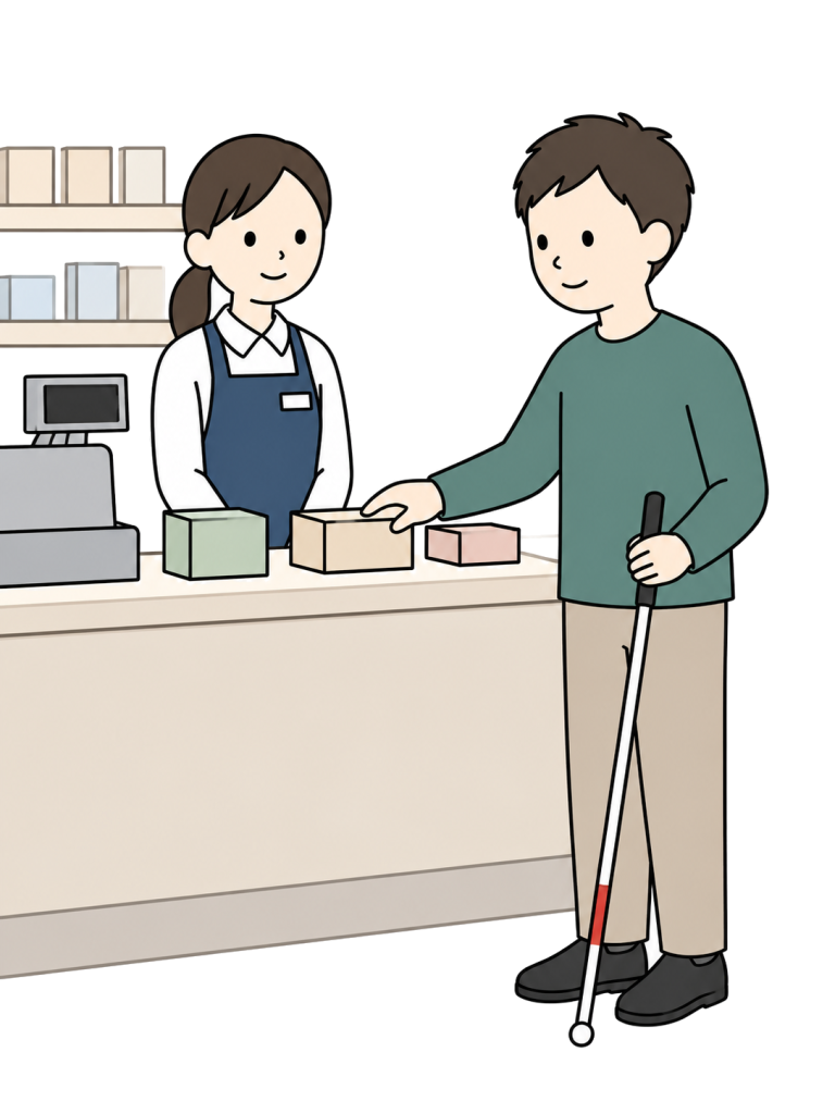 白杖を持つ人がカウンターで商品を自分で選んでいる。