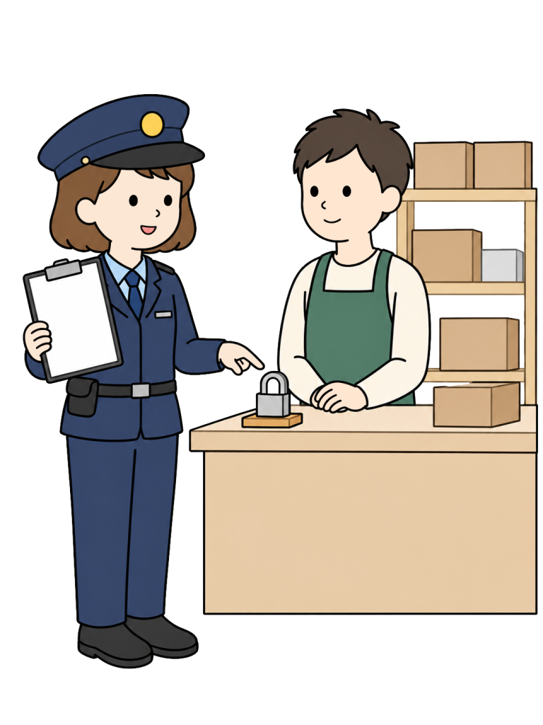 Police officer giving crime prevention advice at a shop