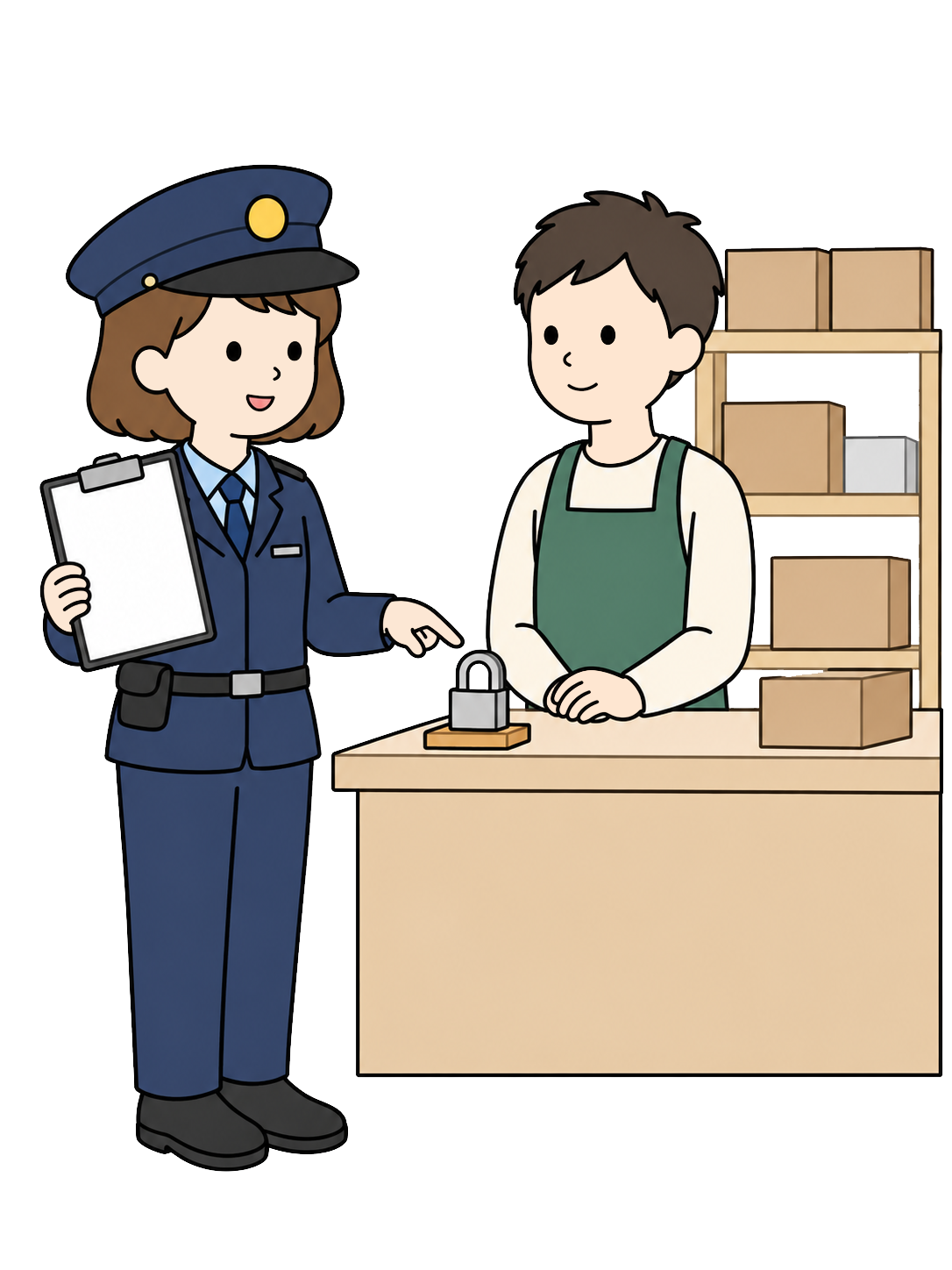 YURUNDO illustration: police officer giving crime prevention advice at a shop