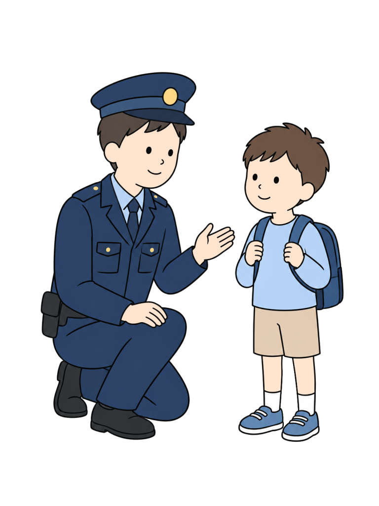 Police officer helping a lost child
