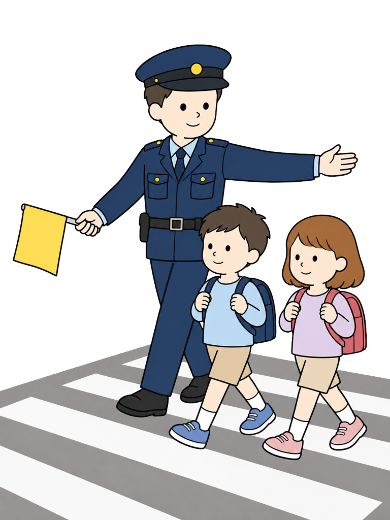 YURUNDO illustration: police officer helping children cross safely