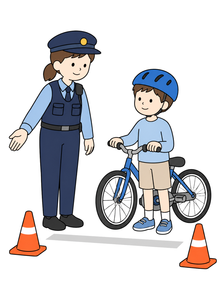 YURUNDO illustration: police officer teaching bicycle safety to children