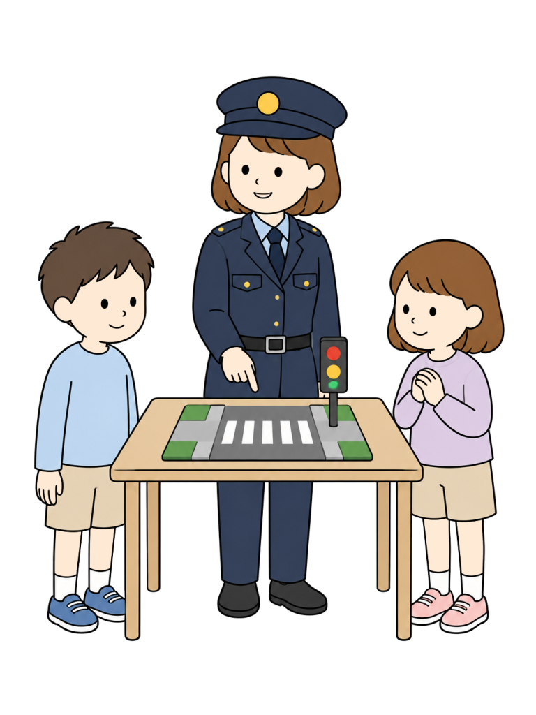 YURUNDO illustration: police officer teaching road safety to children