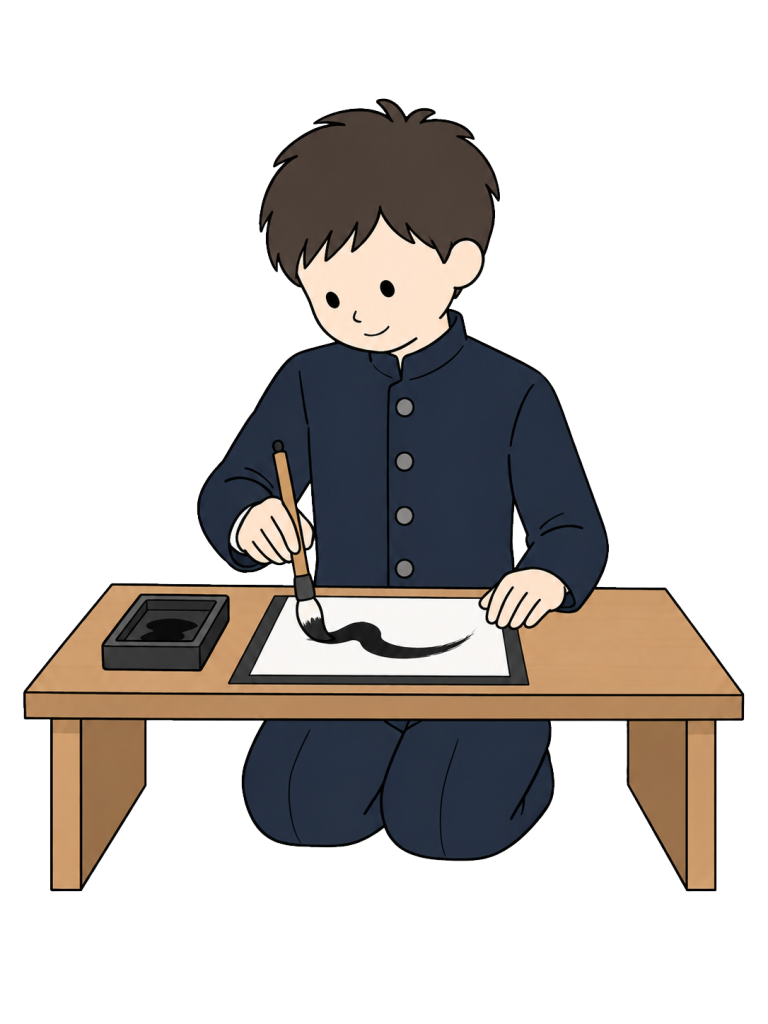 書道部で書道をする中学生YURUNDOイラスト