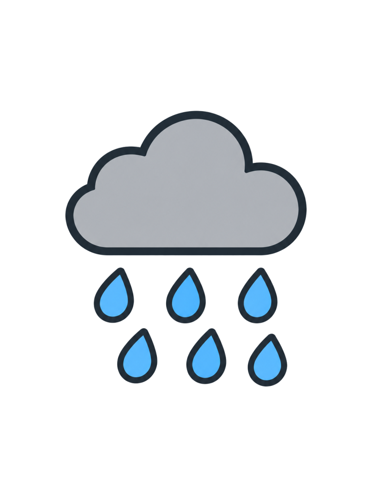 灰色の雨雲の下に青い雨滴が降っている。