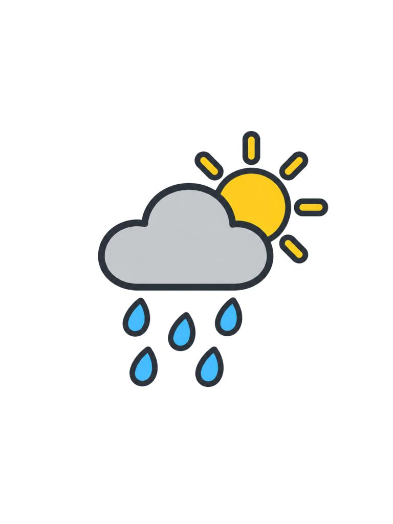 小さな灰色の雲から雨滴が降り、横には太陽が一部見えている。