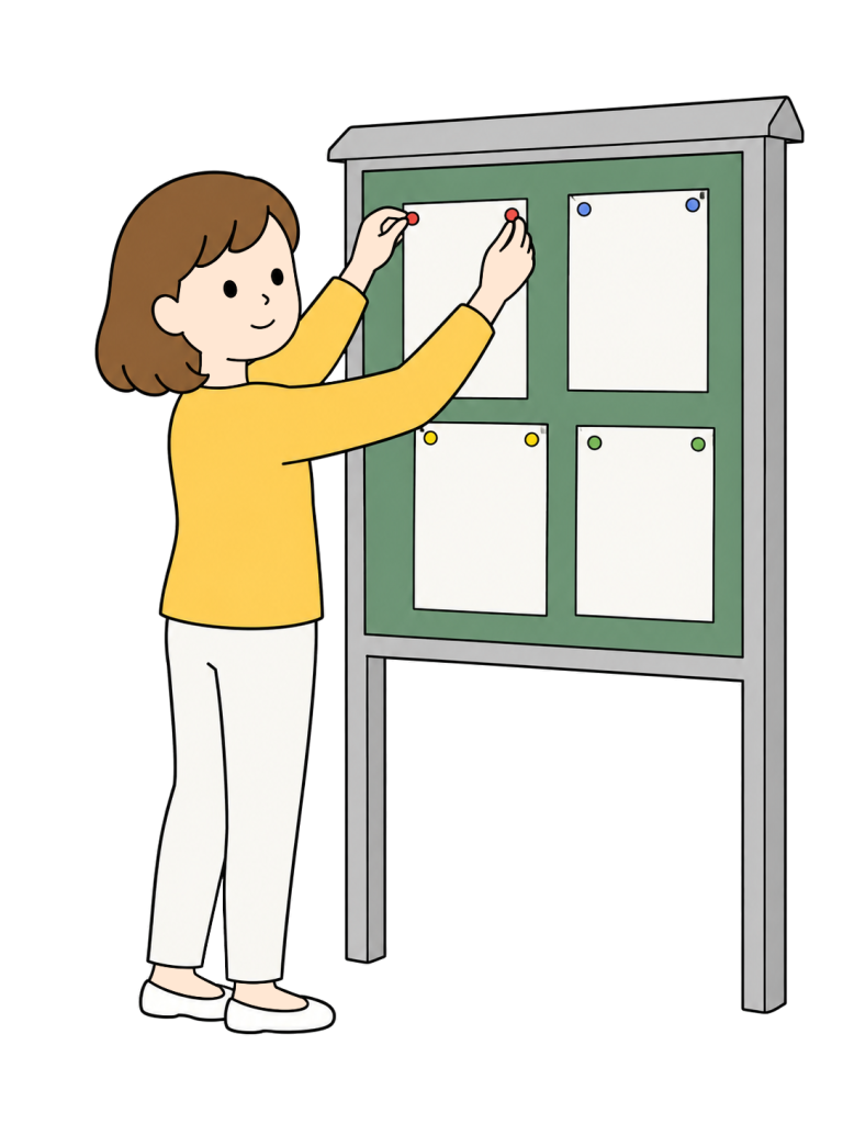 Resident posting a notice on a community bulletin board