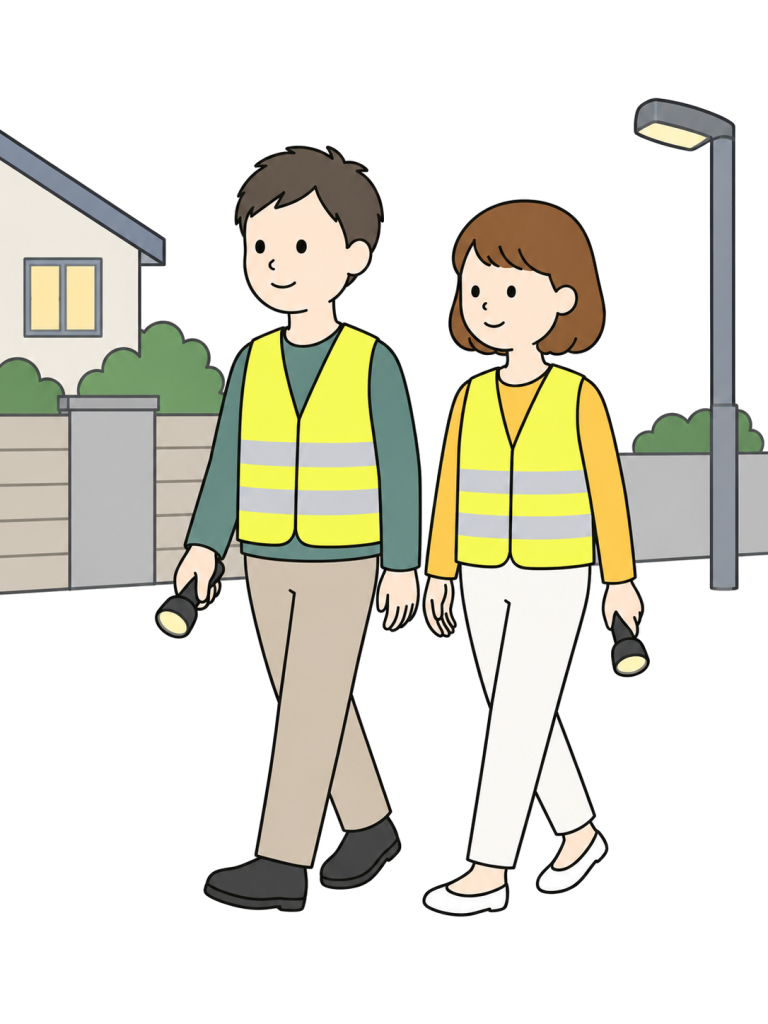 防犯パトロールをする住民YURUNDOイラスト