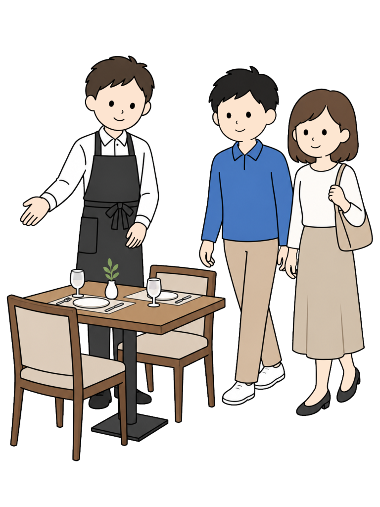 Restaurant staff guiding customers to a reserved table