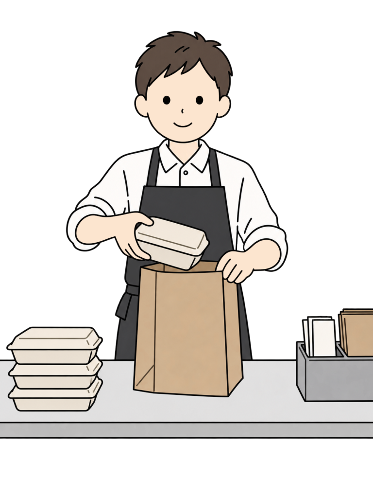 Restaurant staff packing a takeout order