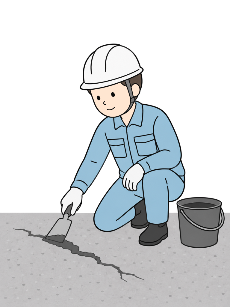 Road worker repairing cracks in pavement